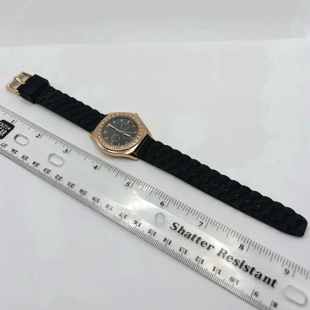 Claire's Black and Rose Gold Watch,Crystal Bezel,Black Face,Jelly Band,OS